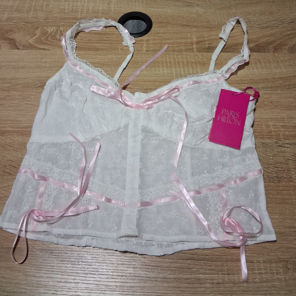 Paris Hilton White and Pink Lace Bra Top
